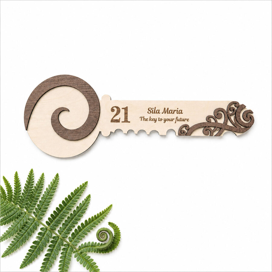 Personalised Māori 21st Birthday Key – Birch & Walnut | NZ Made